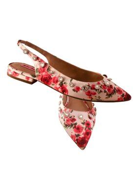 BETSEY JOHNSON Reba Pink Floral Satin Rhinestone Embellished Slingback Sz 9 M
